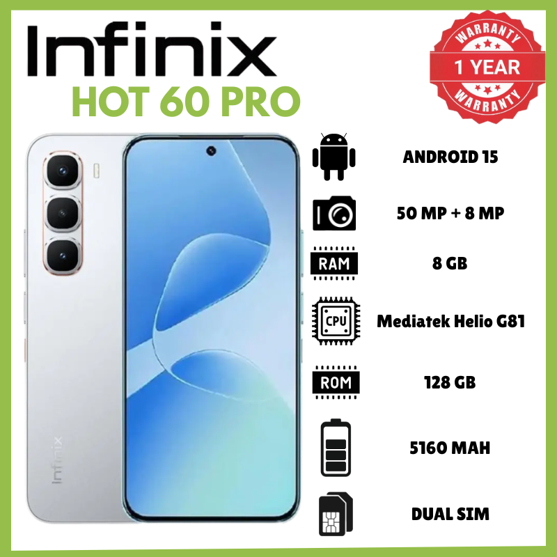 Infinix Hot 60 Pro 8GB RAM 128GB ROM 50MP AI Aux Lens Rear Camera 13MP Front Camera Phones 1440p Android 15 XOS 15.1 Phone 5160mAh Battery 45W Charging 10W Reverse IP64 6.6mm 170g Smartphones