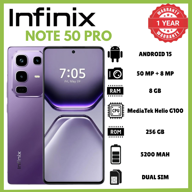 Infinix Note 50 Pro 8GB RAM 256GB ROM 6.78 Inch AMOLED 144Hz Phones 198g 7.3mm Thickness IP64 Phone 50MP PDAF OIS 8MP Ultrawide Rear Camera 32MP Selfie 5200mAh 90W Charging Smartphones