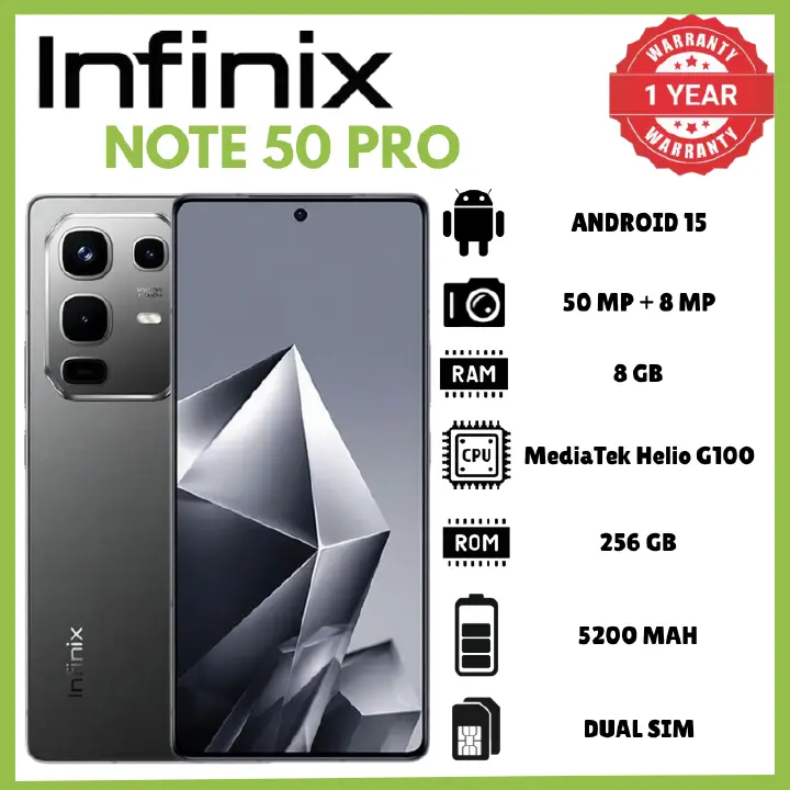 Infinix Note 50 Pro 8GB RAM 256GB ROM 6.78 Inch AMOLED 144Hz Phones 198g 7.3mm Thickness IP64 Phone 50MP PDAF OIS 8MP Ultrawide Rear Camera 32MP Selfie 5200mAh 90W Charging Smartphones