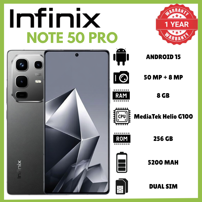 Infinix Note 50 Pro 8GB RAM 256GB ROM 6.78 Inch AMOLED 144Hz Phones 198g 7.3mm Thickness IP64 Phone 50MP PDAF OIS 8MP Ultrawide Rear Camera 32MP Selfie 5200mAh 90W Charging Smartphones