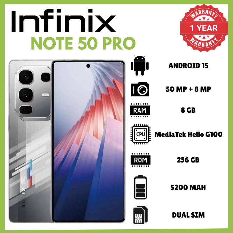 Infinix Note 50 Pro 8GB RAM 256GB ROM 6.78 Inch AMOLED 144Hz Phones 198g 7.3mm Thickness IP64 Phone 50MP PDAF OIS 8MP Ultrawide Rear Camera 32MP Selfie 5200mAh 90W Charging Smartphones