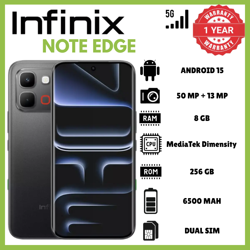 Infinix Note Edge 8GB RAM 256 GB ROM IP65 7.2mm 190g Phones 6.78 Inch AMOLED 120Hz Dimensity 7100 Octa-Core Processor 50MP PDAF 13MP 1440p 6500mAh 45W 10W Reverse Phone Android 16 XOS 16 Smartphones