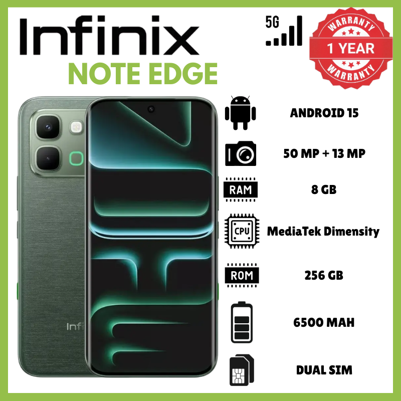 Infinix Note Edge 8GB RAM 256 GB ROM IP65 7.2mm 190g Phones 6.78 Inch AMOLED 120Hz Dimensity 7100 Octa-Core Processor 50MP PDAF 13MP 1440p 6500mAh 45W 10W Reverse Phone Android 16 XOS 16 Smartphones