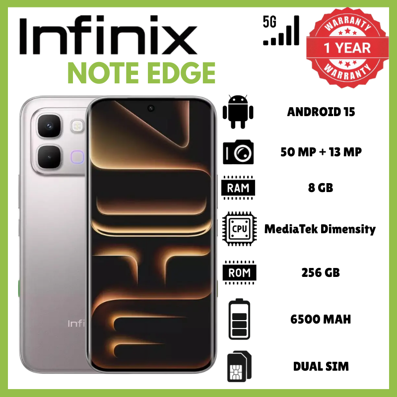 Infinix Note Edge 8GB RAM 256 GB ROM IP65 7.2mm 190g Phones 6.78 Inch AMOLED 120Hz Dimensity 7100 Octa-Core Processor 50MP PDAF 13MP 1440p 6500mAh 45W 10W Reverse Phone Android 16 XOS 16 Smartphones