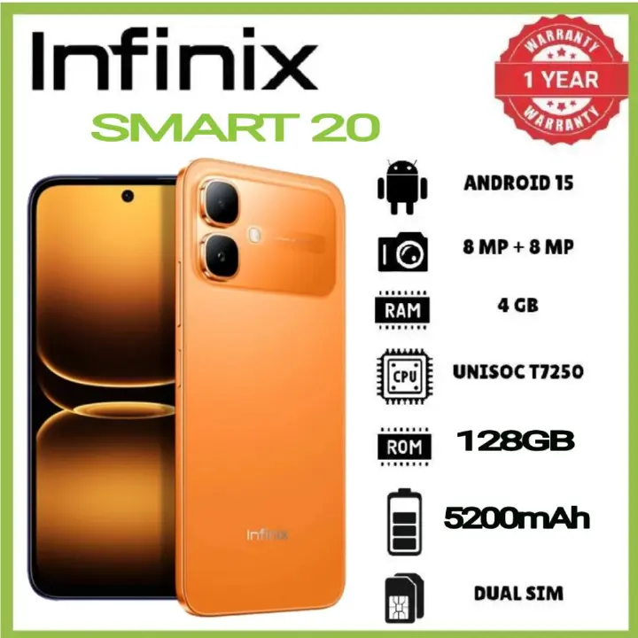 [NEW ARRIVAL] INFINIX Smart 20 128GB+4GB 6.67" 120Hz Display Dual Speakers Dual SIM 4.5G Slim Phone 5200mAh Battery 15W Charging IP64 Fingerprint Lock Android 16