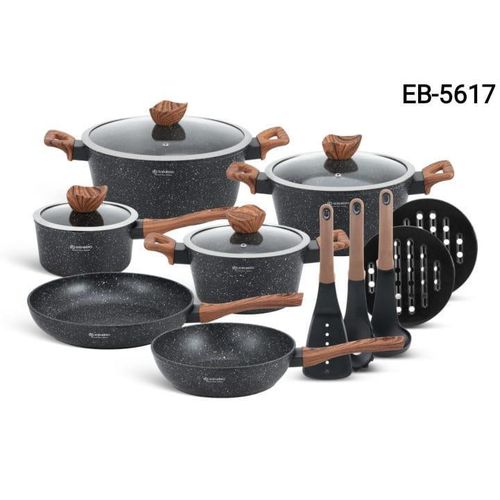 EDENBERG 15 Pcs Premium Non-Stick Cookware Set – Granite Black with Wooden Handles (EB-5617)