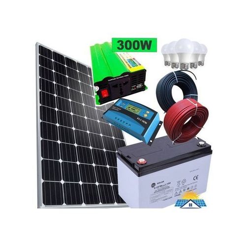 Solarmax 80AH Solar Battery + Sunlight 100 Watts Solar Panel Full Kit All Weather + 300 Watts Solar Inverter + 10 Amp Controller + 4 DC Bulbs + 10M Cable