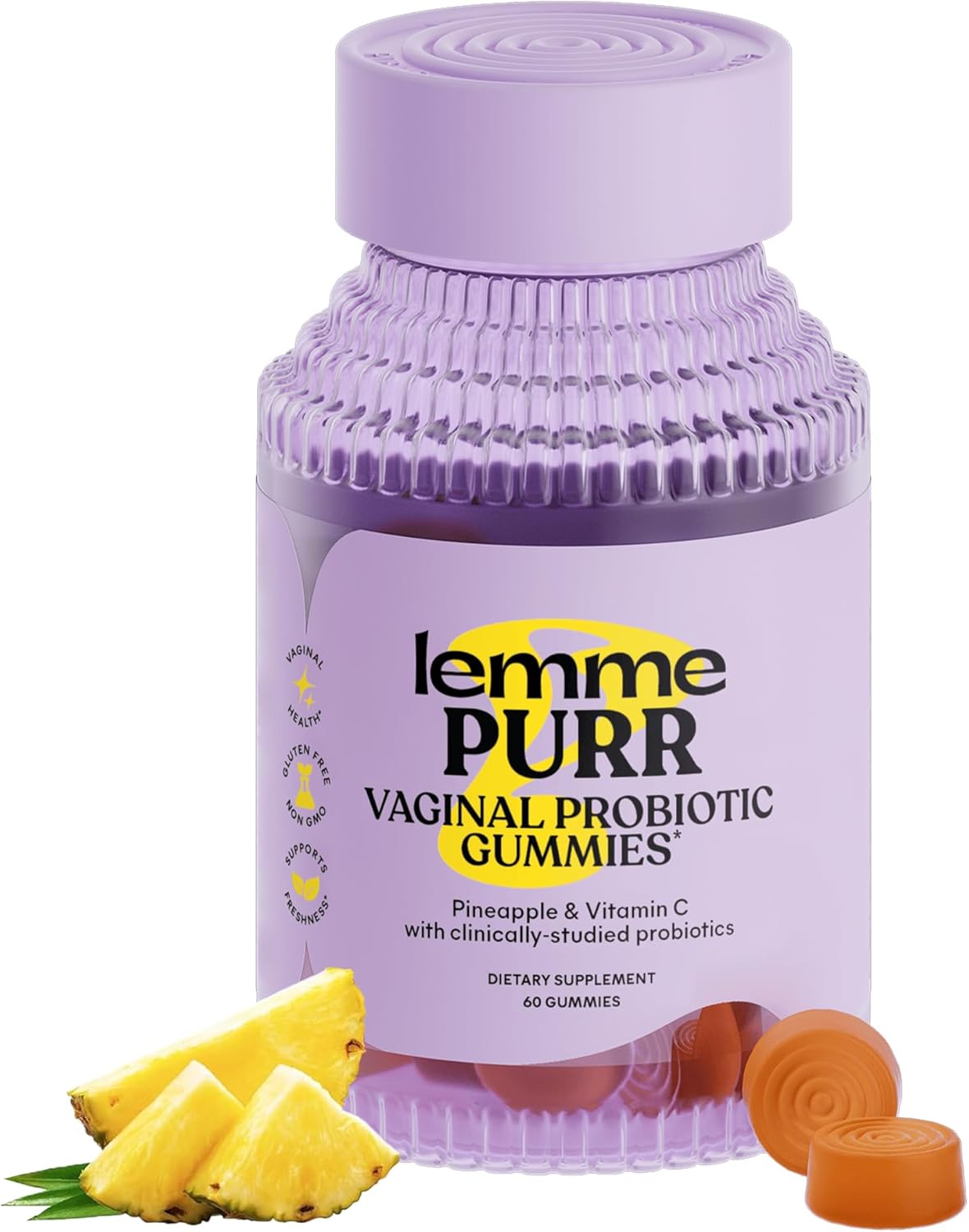 Lemme Purr Vaginal Probiotic Gummies for Women - Balanced pH, Healthy Odor, Yeast Balance & Flora Support + Vitamin C for Immune Health - Tasty Pineapple (60 Count)