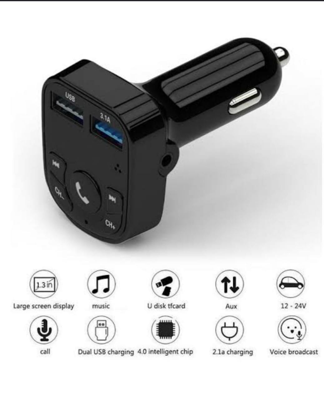 Car Charger FM Transmitter – MP3 Player & Hands-Free Call Adapter, Dual-function car charger with FM transmitter, Plays music via USB, SD card, or Bluetooth.