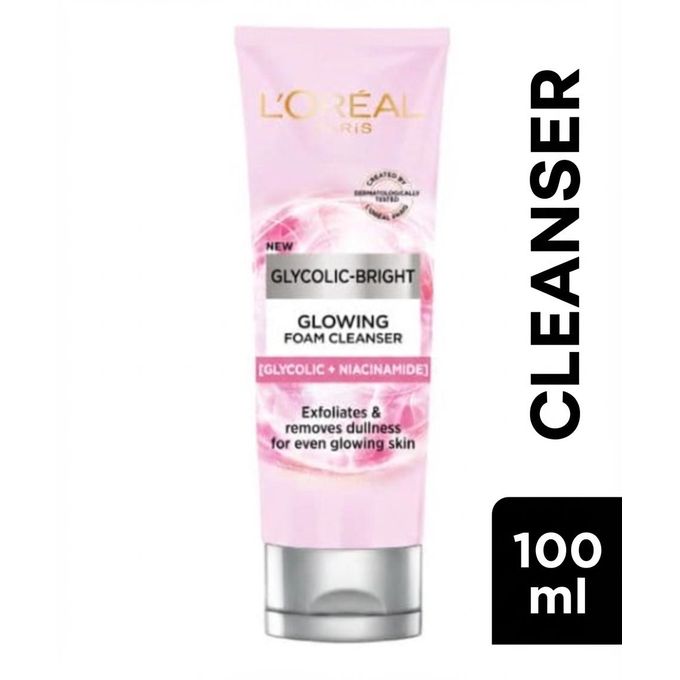 L'Oréal Glycolic Bright Face Daily Foam Cleanser, Infused with Glycolic Acid to Exfoliate and Remove Dullness for Even Glowing Skin - 100ml