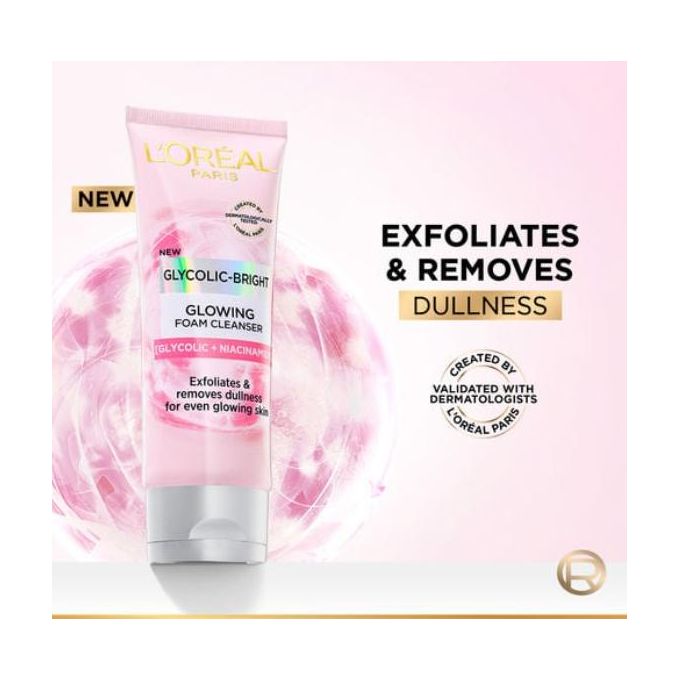 L'Oréal Glycolic Bright Face Daily Foam Cleanser, Infused with Glycolic Acid to Exfoliate and Remove Dullness for Even Glowing Skin - 100ml