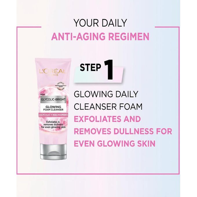 L'Oréal Glycolic Bright Face Daily Foam Cleanser, Infused with Glycolic Acid to Exfoliate and Remove Dullness for Even Glowing Skin - 100ml