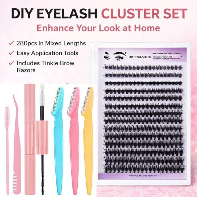 One box of pink eyelash set+3pcs Eyebrow tool, thick and dense 280 clusters D-shaped curling DIY segmented single cluster false eyelashes, suitable for professional use