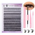One box of pink eyelash set+3pcs Eyebrow tool, thick and dense 280 clusters D-shaped curling DIY segmented single cluster false eyelashes, suitable for professional use