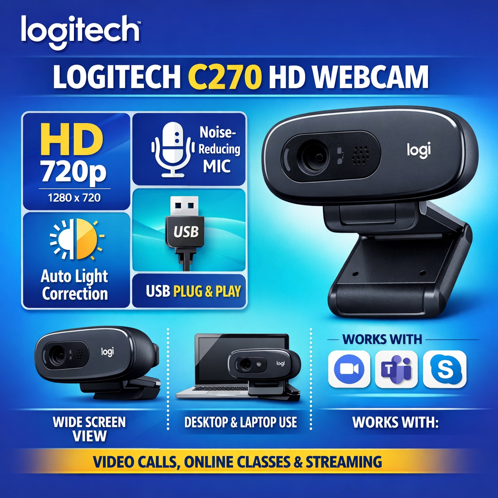Logitech C270 HD 720p Webcam | Plug & Play USB Desktop & Laptop Camera | Built-in Noise-Reducing Microphone | Auto Light Correction | Wide Screen View | Video Calling & Online Classes for Zoom, Skype