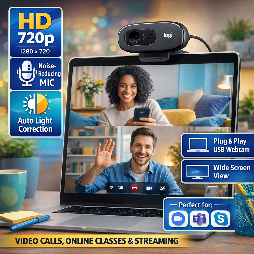 Logitech C270 HD 720p Webcam | Plug & Play USB Desktop & Laptop Camera | Built-in Noise-Reducing Microphone | Auto Light Correction | Wide Screen View | Video Calling & Online Classes for Zoom, Skype