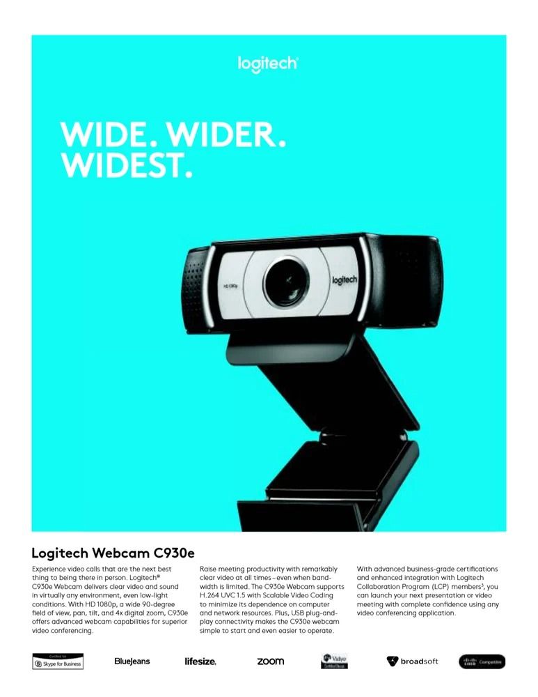 Logitech C930e Business Webcam Full HD 1080p 30fps HD Video Camera with Dual Stereo Microphones, 90° Wide Angle Lens, Autofocus, USB Plug & Play – Ideal for Zoom, Microsoft Teams & Online Meetings