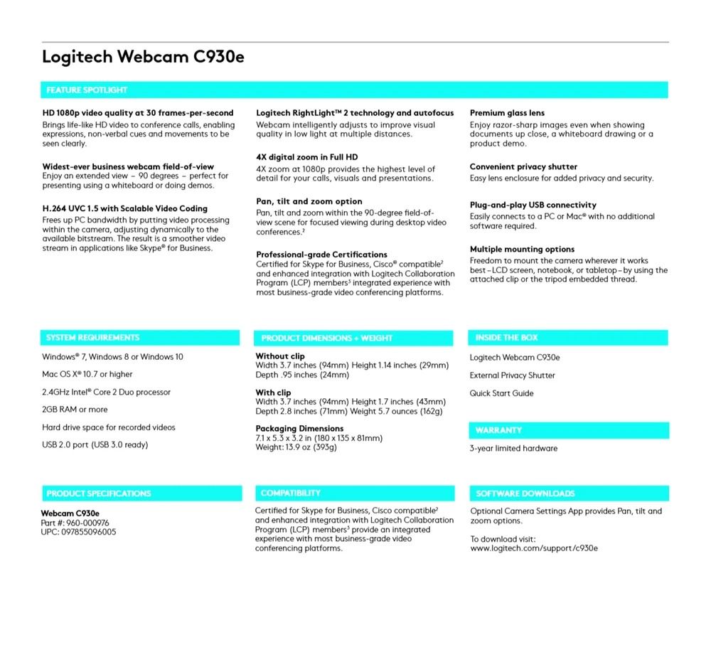 Logitech C930e Business Webcam Full HD 1080p 30fps HD Video Camera with Dual Stereo Microphones, 90° Wide Angle Lens, Autofocus, USB Plug & Play – Ideal for Zoom, Microsoft Teams & Online Meetings