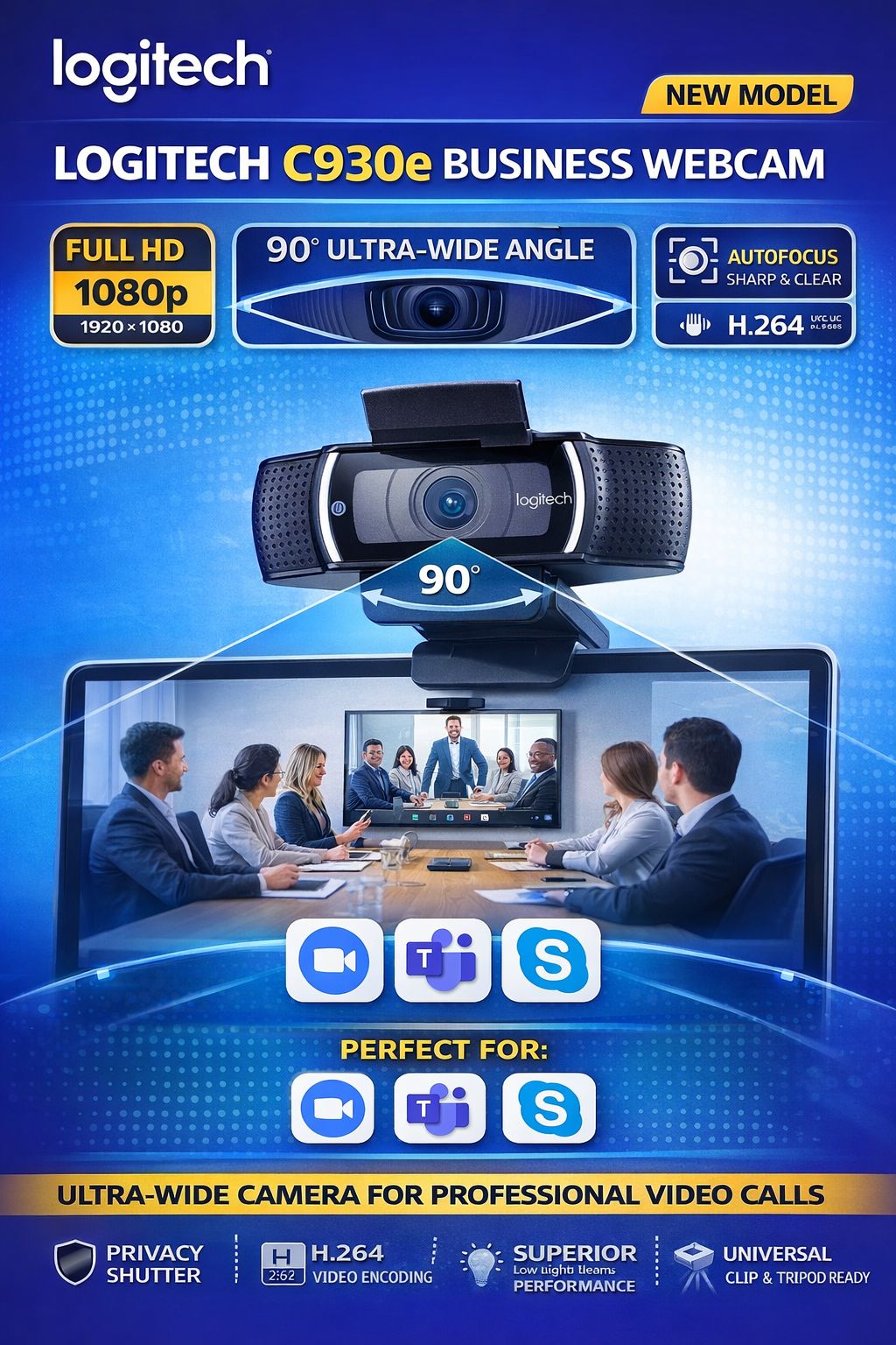 Logitech C930e Business Webcam 1080p Full HD | 90° Ultra-Wide Angle Carl Zeiss Lens | Autofocus | Dual Stereo Noise-Reducing Microphones | H.264 UVC 1.5 Encoding | USB Plug & Play | Privacy Shutter |
