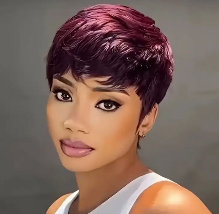 Fashion heat friendly semi human hair burgundy pixie wig