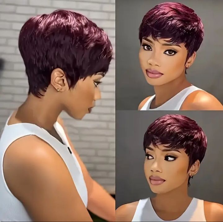 Fashion heat friendly semi human hair burgundy pixie wig