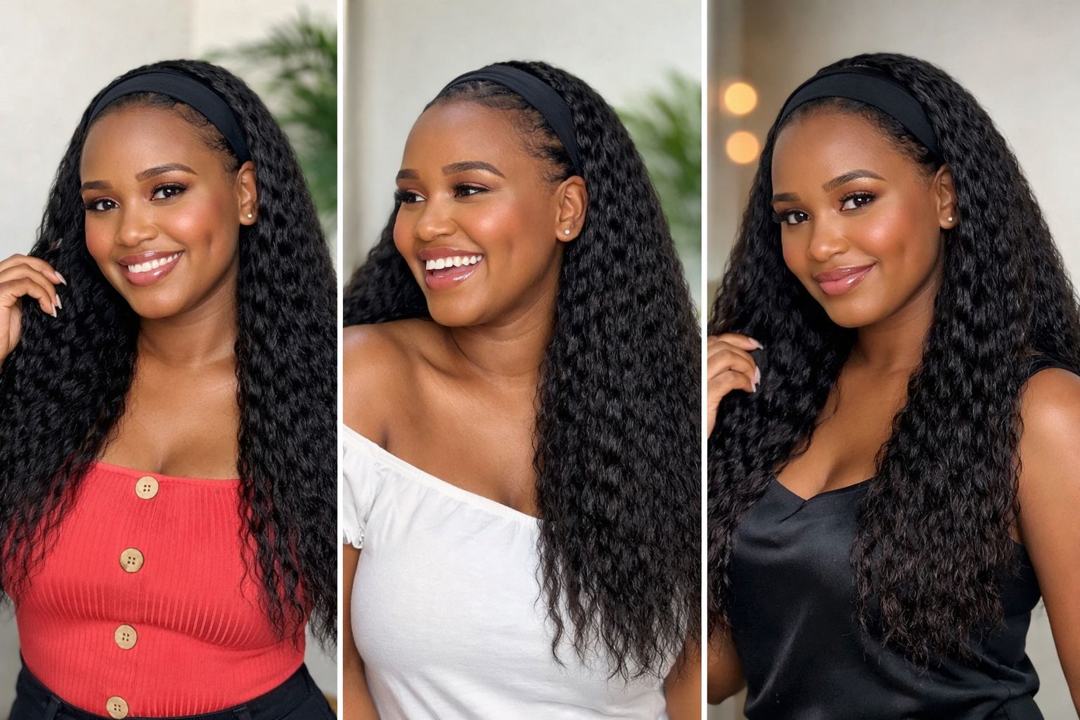 Fashion human hair blend 22 inches yaki wavy Headband wig in black