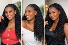 Fashion human hair blend 22 inches yaki wavy Headband wig in black