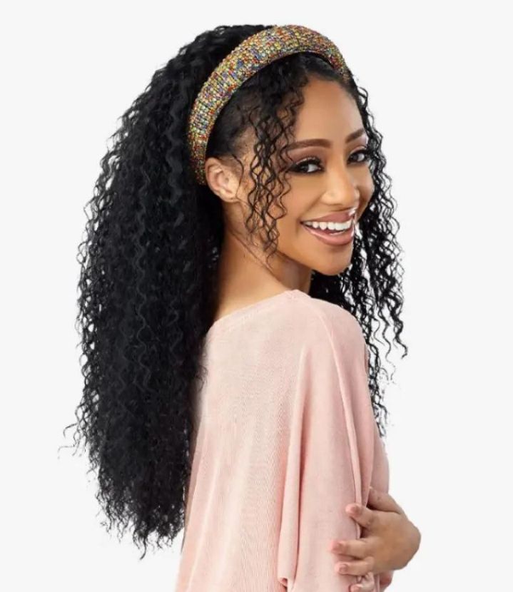 Fashion soft human hair blend 22 inches headband waterwave wig_black