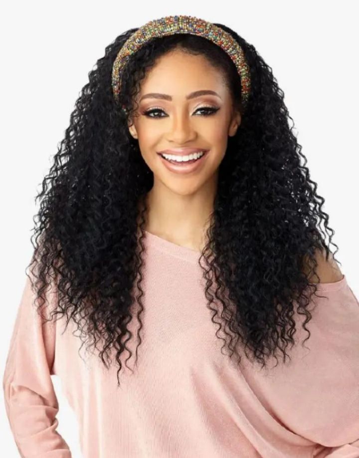 Fashion soft human hair blend 22 inches headband waterwave wig_black