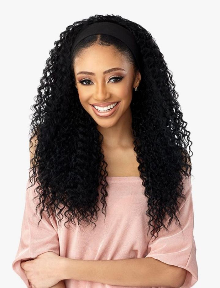 Fashion soft human hair blend 22 inches headband waterwave wig_black