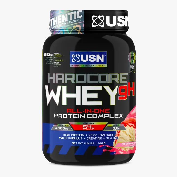 USN Hardcore Whey gH All-In-One Protein Complex 908g (2lbs) – 54g Protein Per Serving, High Protein Low Carb Formula with Creatine, Tribulus & Glycine for Muscle Growth & Strength