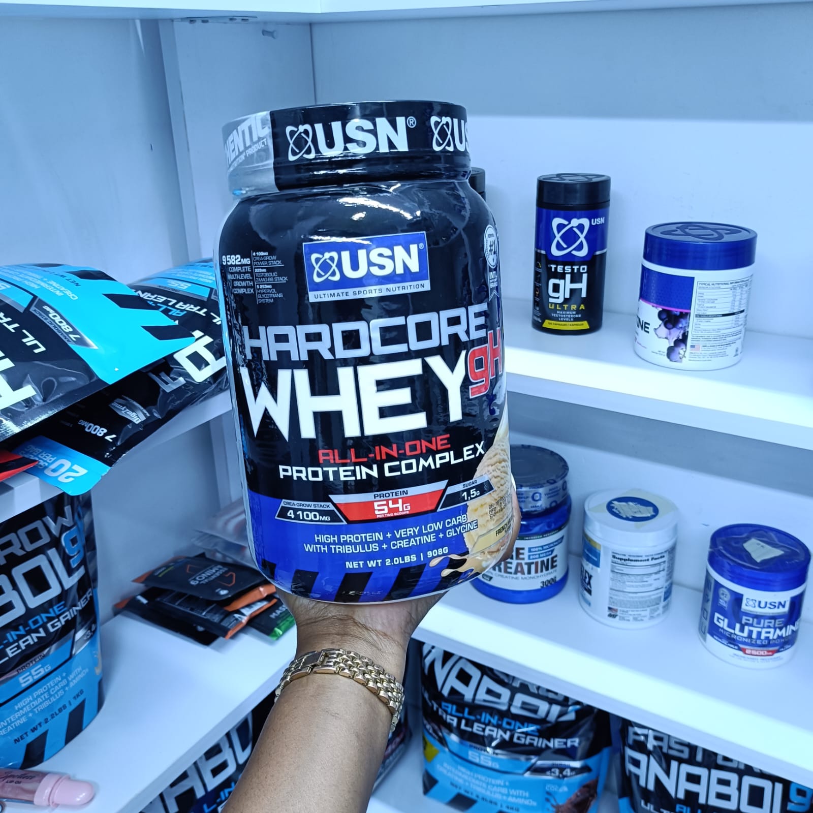 USN Hardcore Whey gH All-In-One Protein Complex 908g (2lbs) – 54g Protein Per Serving, High Protein Low Carb Formula with Creatine, Tribulus & Glycine for Muscle Growth & Strength