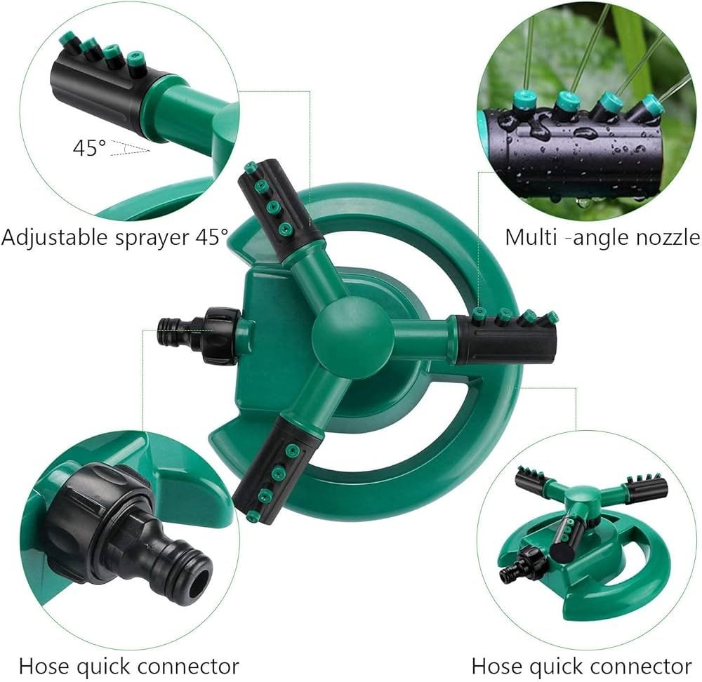 Arm 360⁰ Auto-Rotating Water Garden Sprinkler .Diameter can reach 50 feet. 6. Water-saving design: save water via adjusting the water density, more or less, and range to utilize  does not include pipe