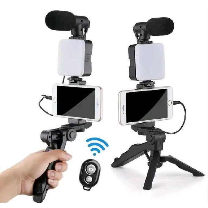 Camera Video Recording Vlogging Kit For Video Making, Mic, Mini Tripod Stand, LED Light & Phone Holder Clip For Making Videos Podcasting Black Battery Operated Light