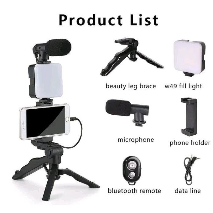 Camera Video Recording Vlogging Kit For Video Making, Mic, Mini Tripod Stand, LED Light & Phone Holder Clip For Making Videos Podcasting Black Battery Operated Light