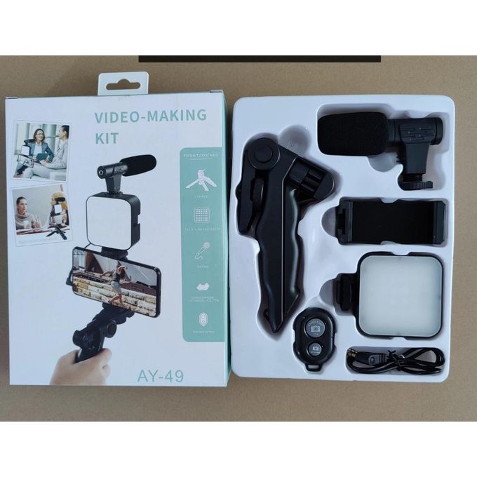 Camera Video Recording Vlogging Kit For Video Making, Mic, Mini Tripod Stand, LED Light & Phone Holder Clip For Making Videos Podcasting Black Battery Operated Light