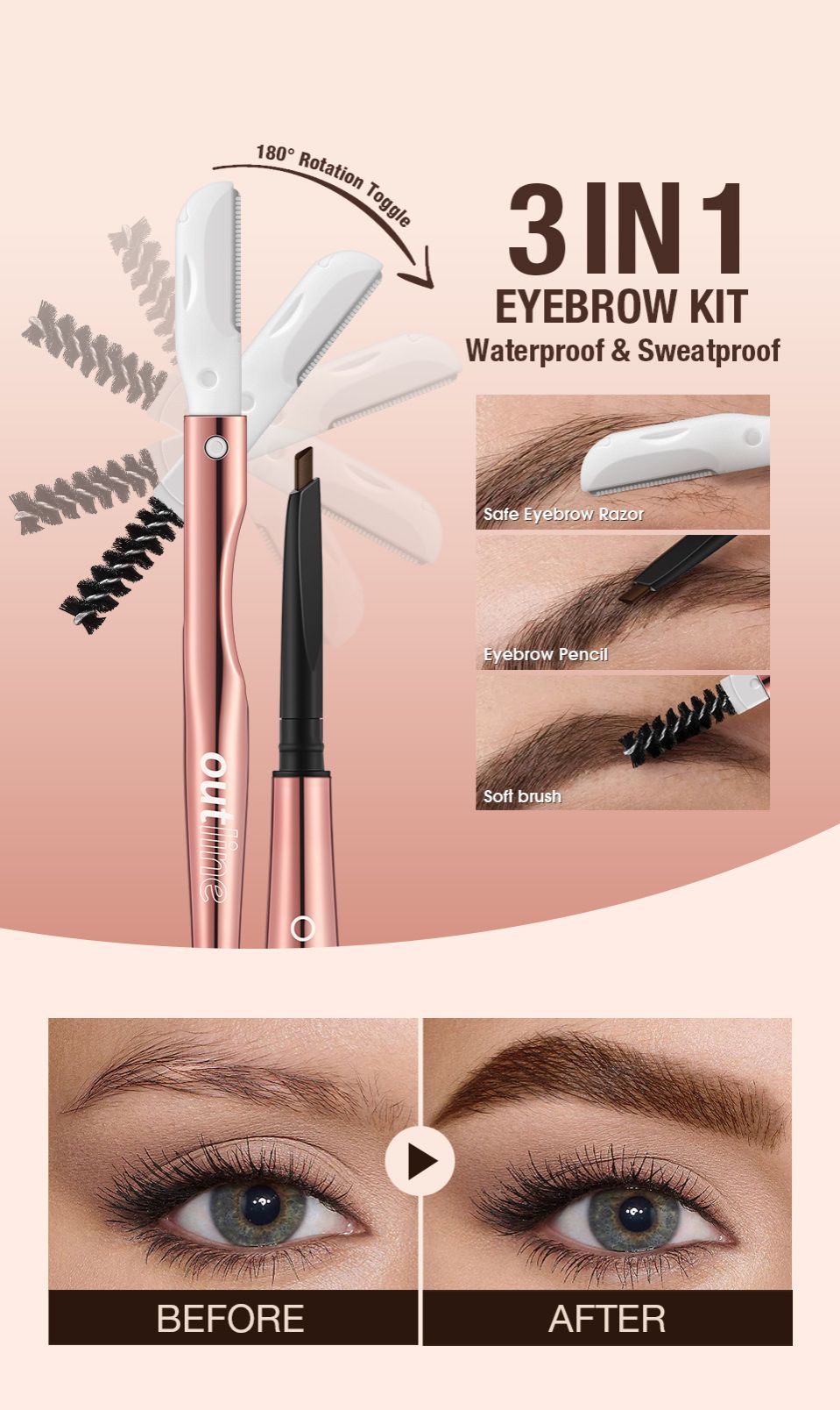 O.TWO.O three-in-one eyebrow pencil SC047 natural soft mist easy to color triangular eyebrow pencil