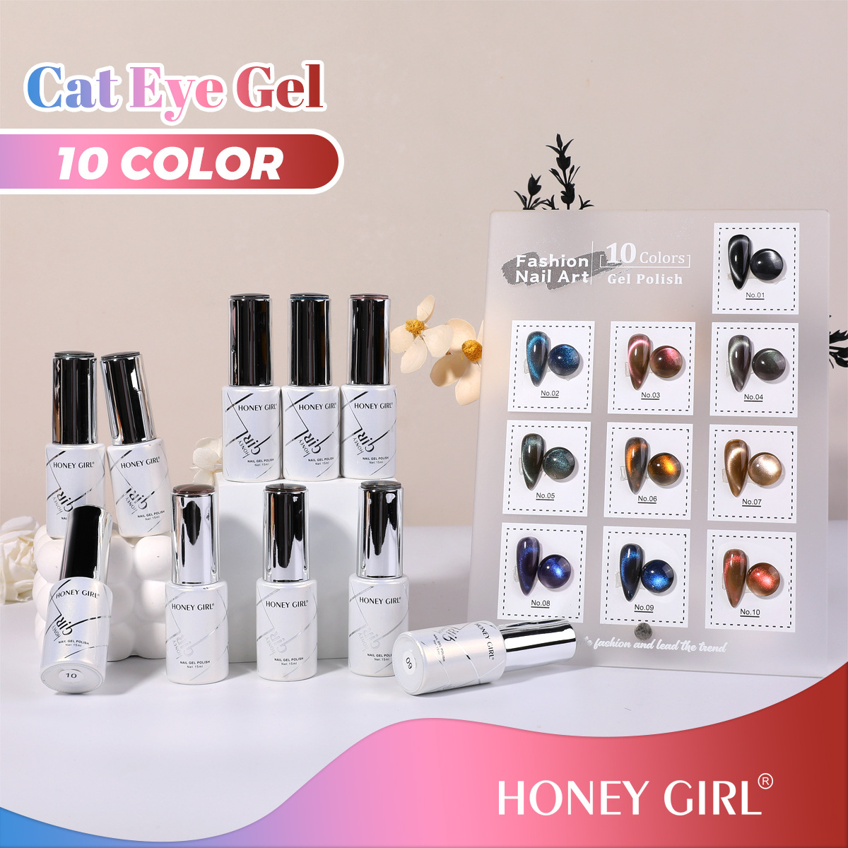 Hot-selling 10-color Ice-Permeable Cat Eye Gel Aurora Starry Sky Glass Beads Versatile Whitening Nail Polish Gel Set