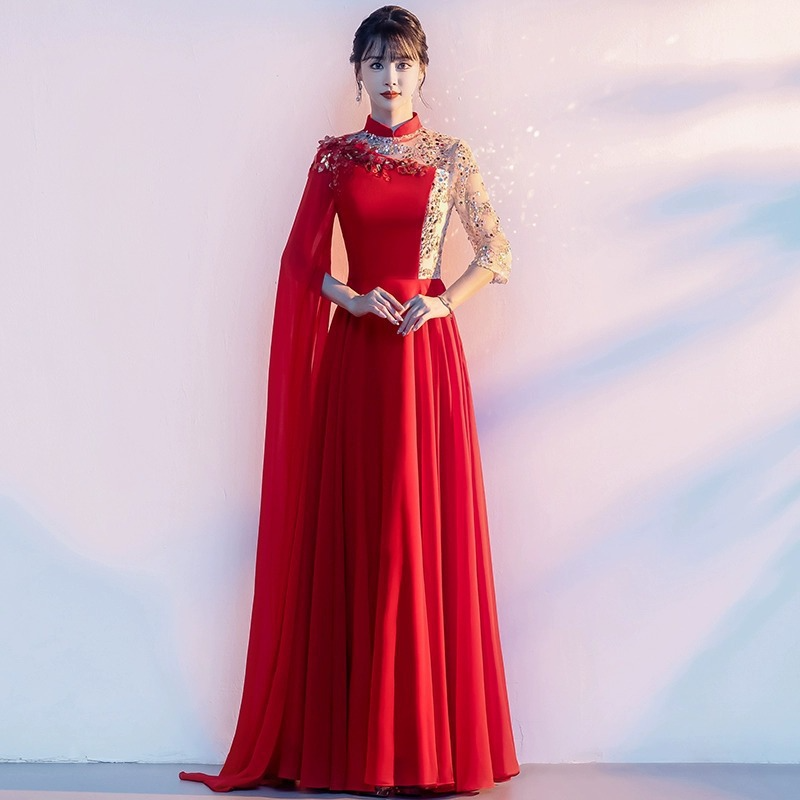 Red choir performance clothing, poem recitation, stage performance, evening dress, host dress, long, elegant, slim and trendy