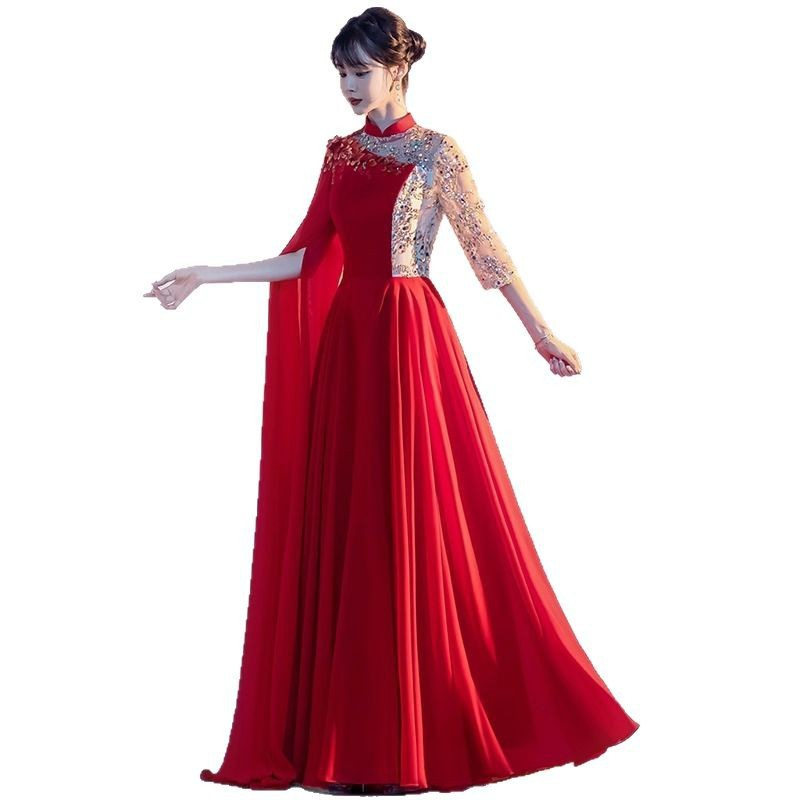 Red choir performance clothing, poem recitation, stage performance, evening dress, host dress, long, elegant, slim and trendy