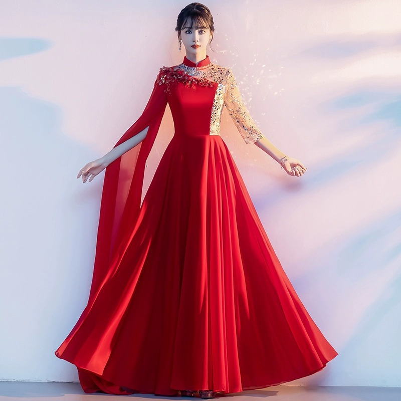 Red choir performance clothing, poem recitation, stage performance, evening dress, host dress, long, elegant, slim and trendy