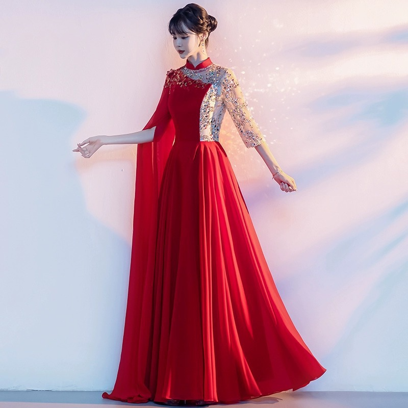 Red choir performance clothing, poem recitation, stage performance, evening dress, host dress, long, elegant, slim and trendy