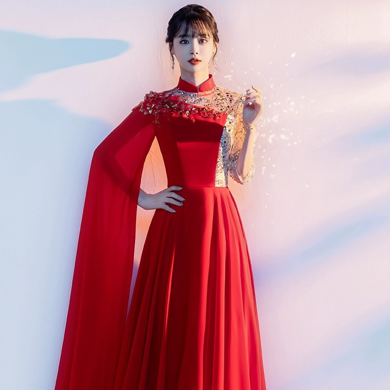 Red choir performance clothing, poem recitation, stage performance, evening dress, host dress, long, elegant, slim and trendy