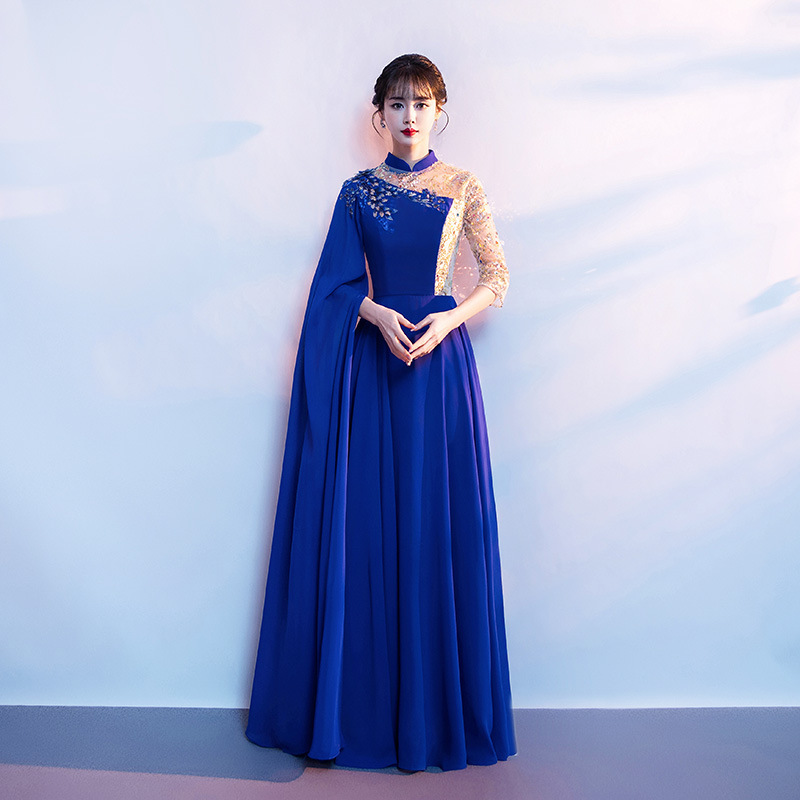 Red choir performance clothing, poem recitation, stage performance, evening dress, host dress, long, elegant, slim and trendy