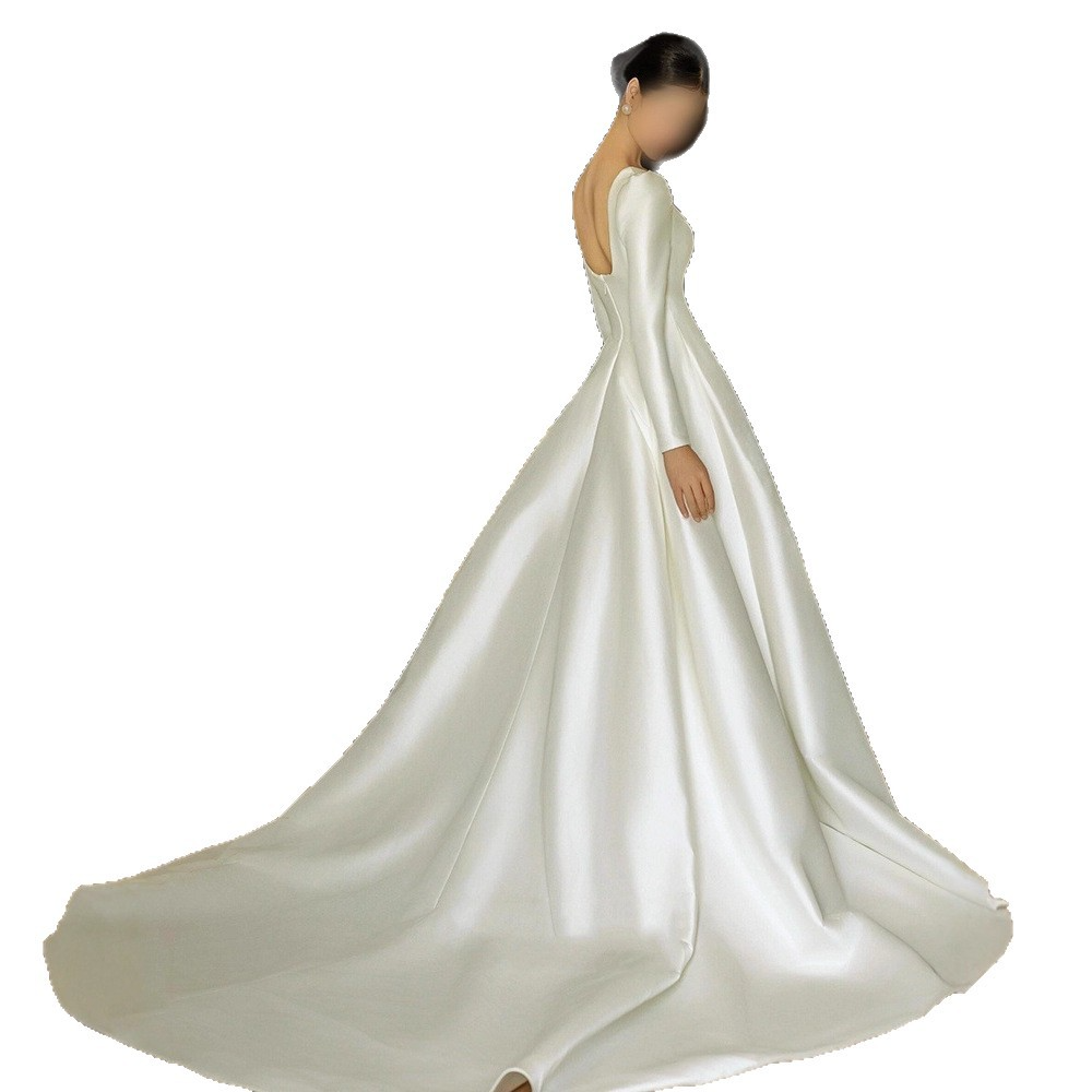 New long-sleeved light wedding dress French satin retro tail wedding evening dress high-end forest dress