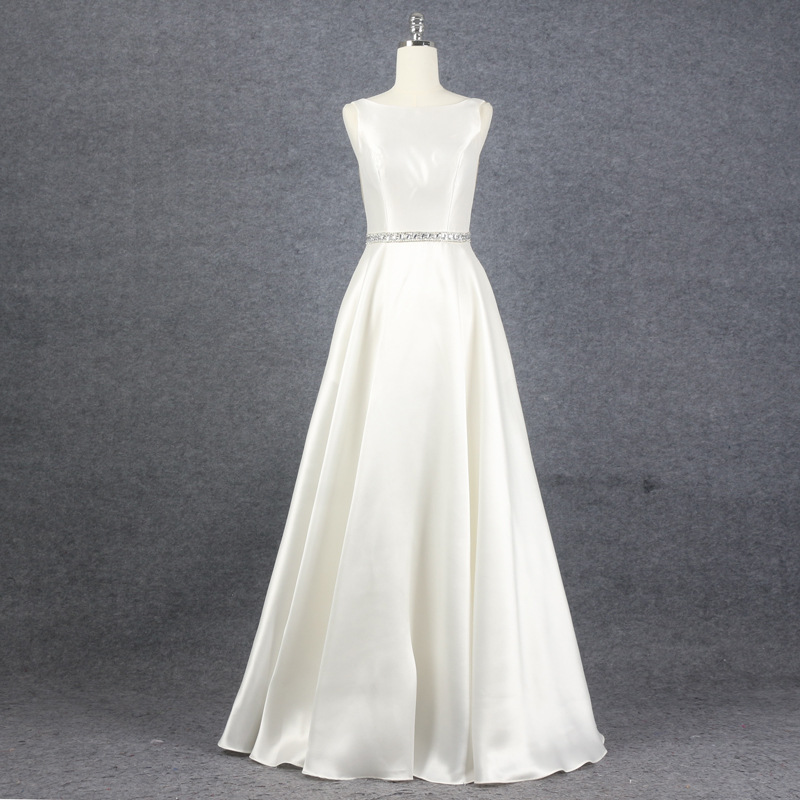 White light wedding dress, simple temperament, banquet party evening dress, French satin stage host dress, floor-length dress