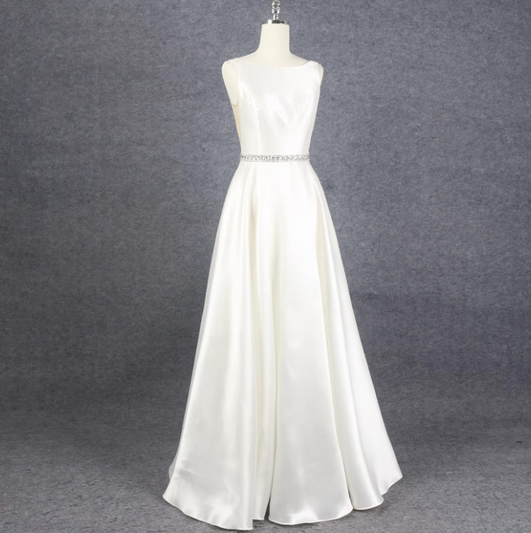 White light wedding dress, simple temperament, banquet party evening dress, French satin stage host dress, floor-length dress