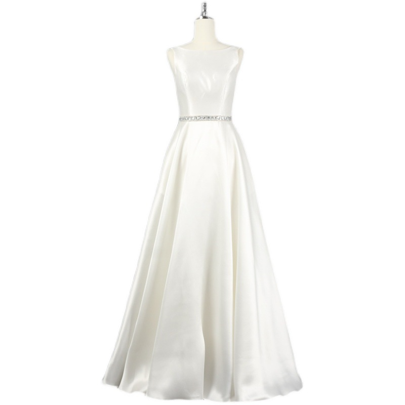 White light wedding dress, simple temperament, banquet party evening dress, French satin stage host dress, floor-length dress