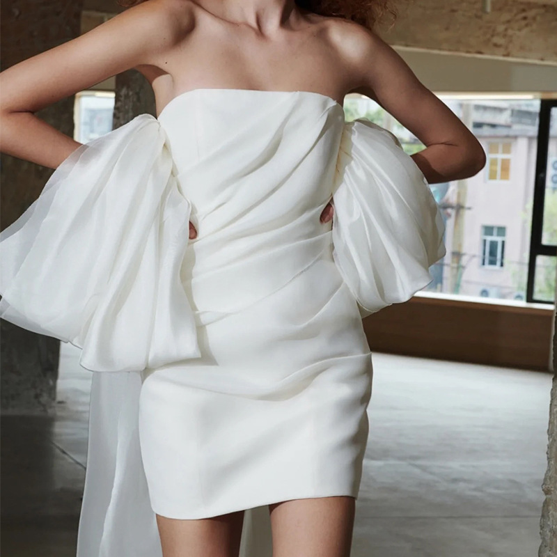 White one-shoulder light wedding dress short style French simple temperament engagement evening dress high-end dress