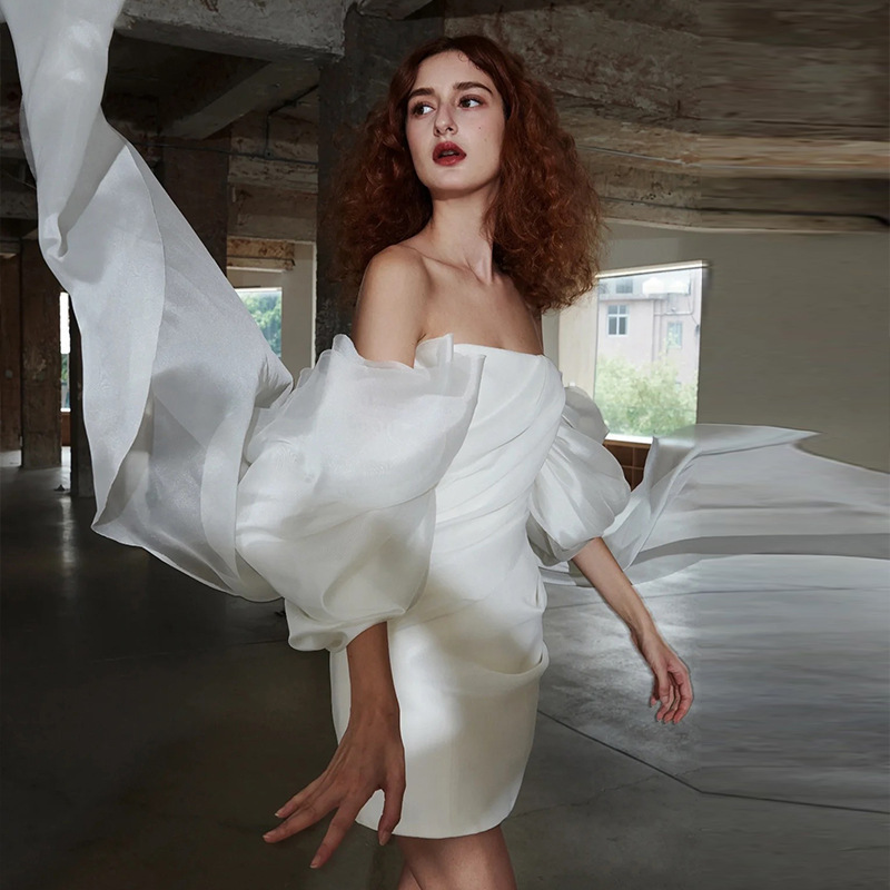 White one-shoulder light wedding dress short style French simple temperament engagement evening dress high-end dress